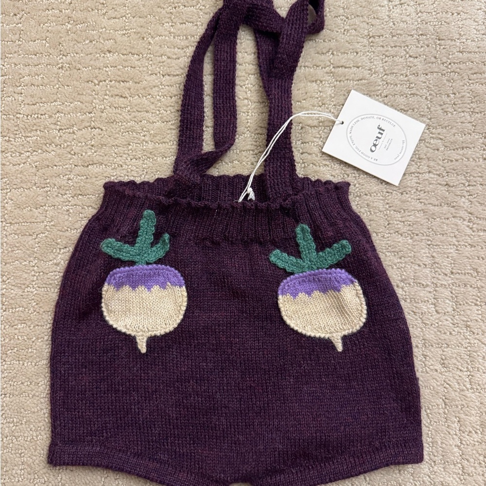 OEUF Purple Knit Baby Romper with Turnip Design in size 6-7